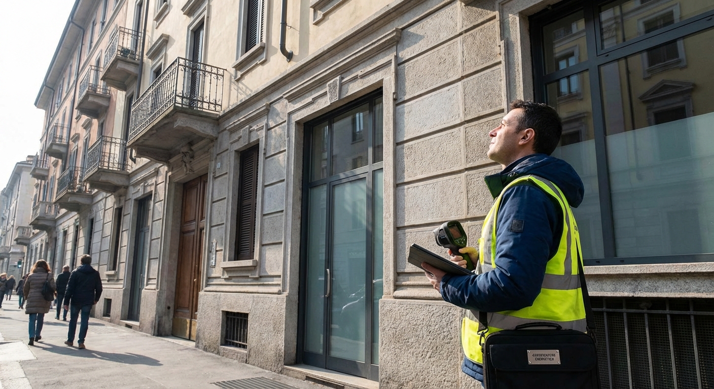 certified technician inspecting Milano apartment building facade