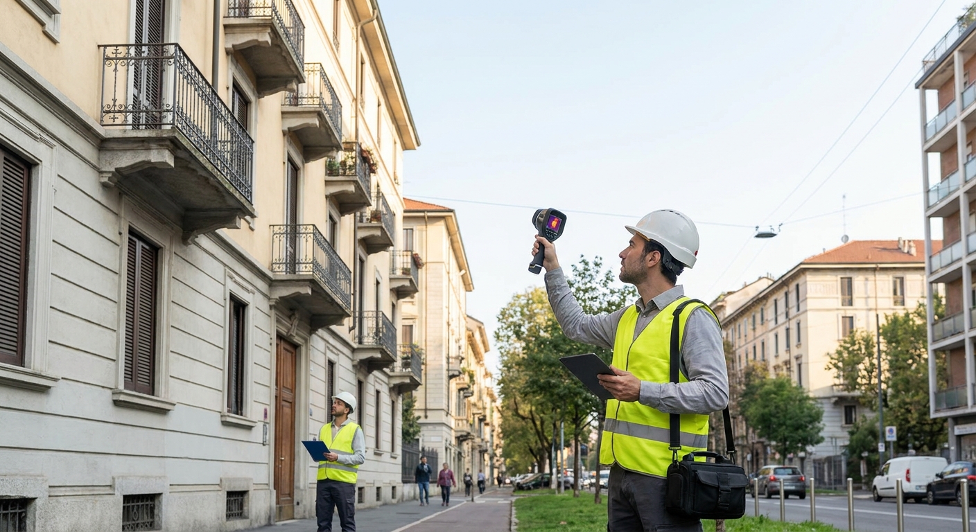 certified technician inspecting Milano apartment building facade