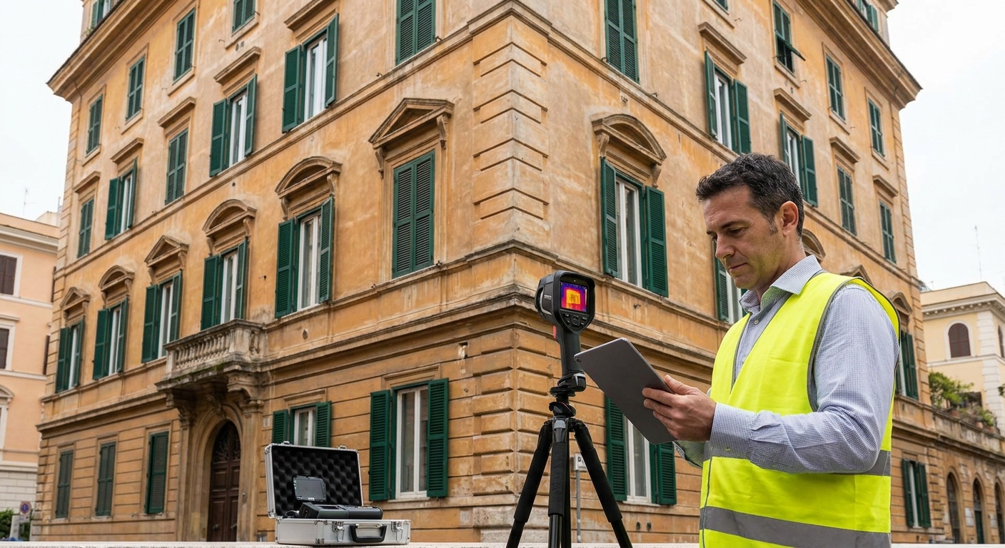 historical Roma palazzo with energy audit equipment
