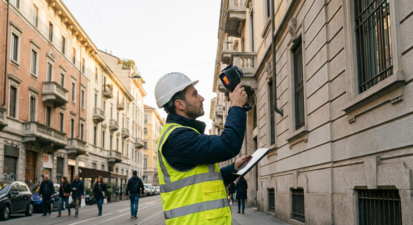 Tecnico abilitato durante l'ispezione della facciata di un condominio a Milano