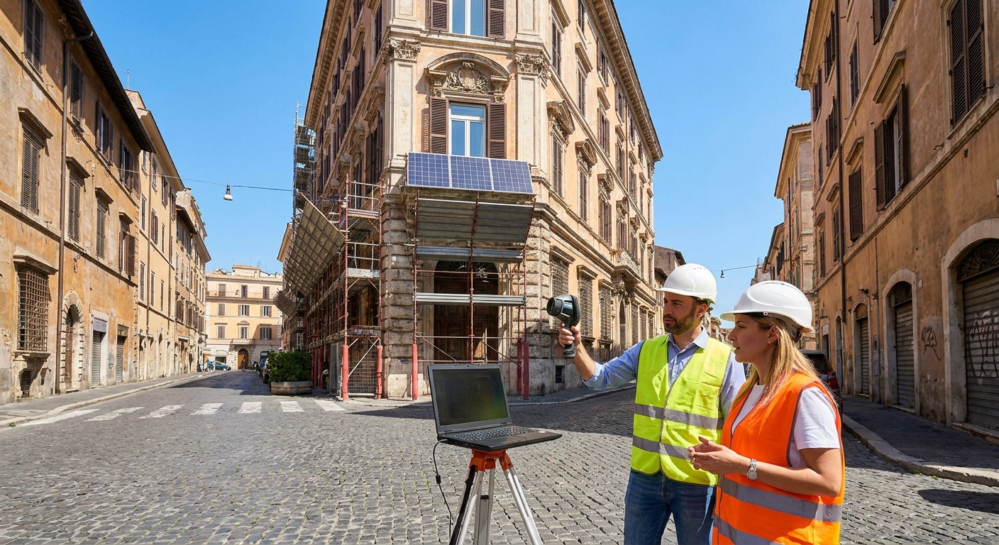 Palazzo storico a Roma analizzato con strumentazione per l'audit energetico