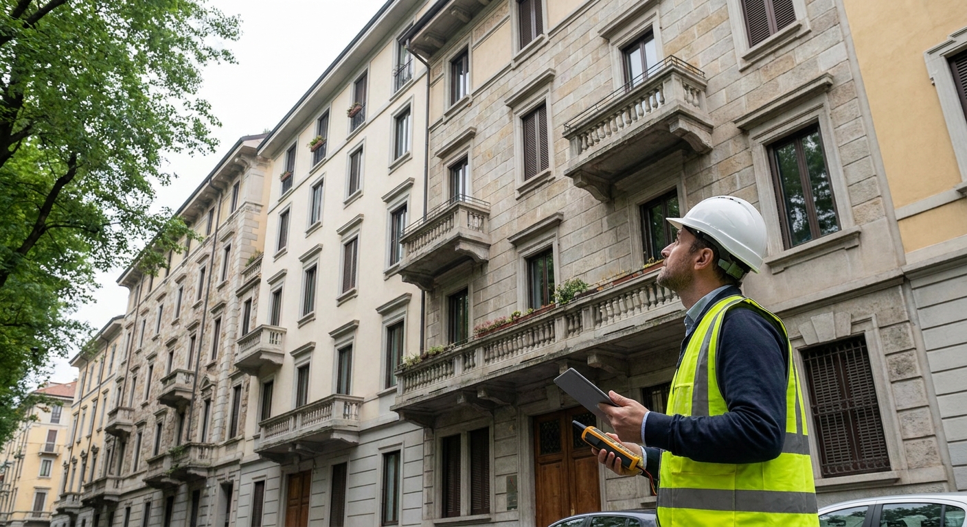 Tecnico certificatore abilitato che ispeziona la facciata di un condominio a Milano
