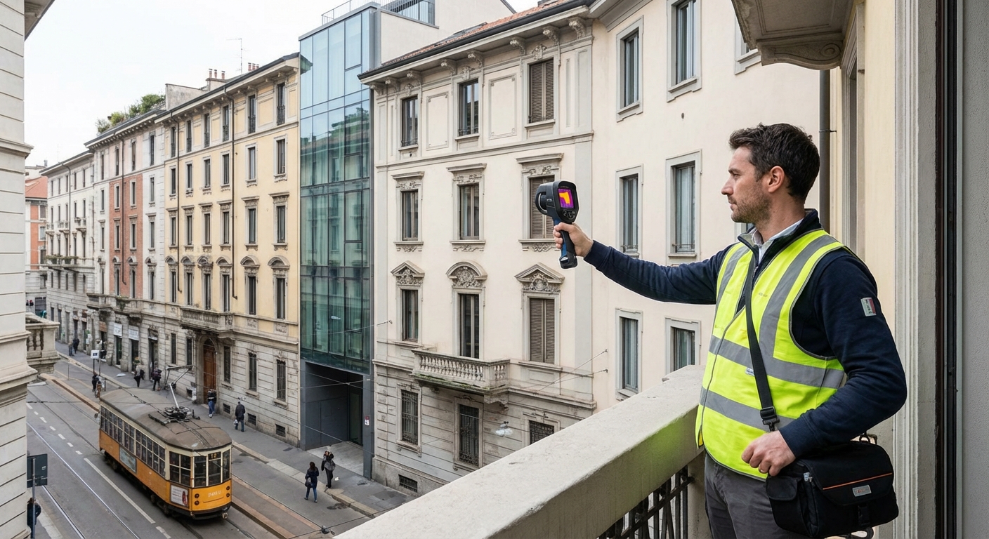 certified technician inspecting Milano apartment building facade