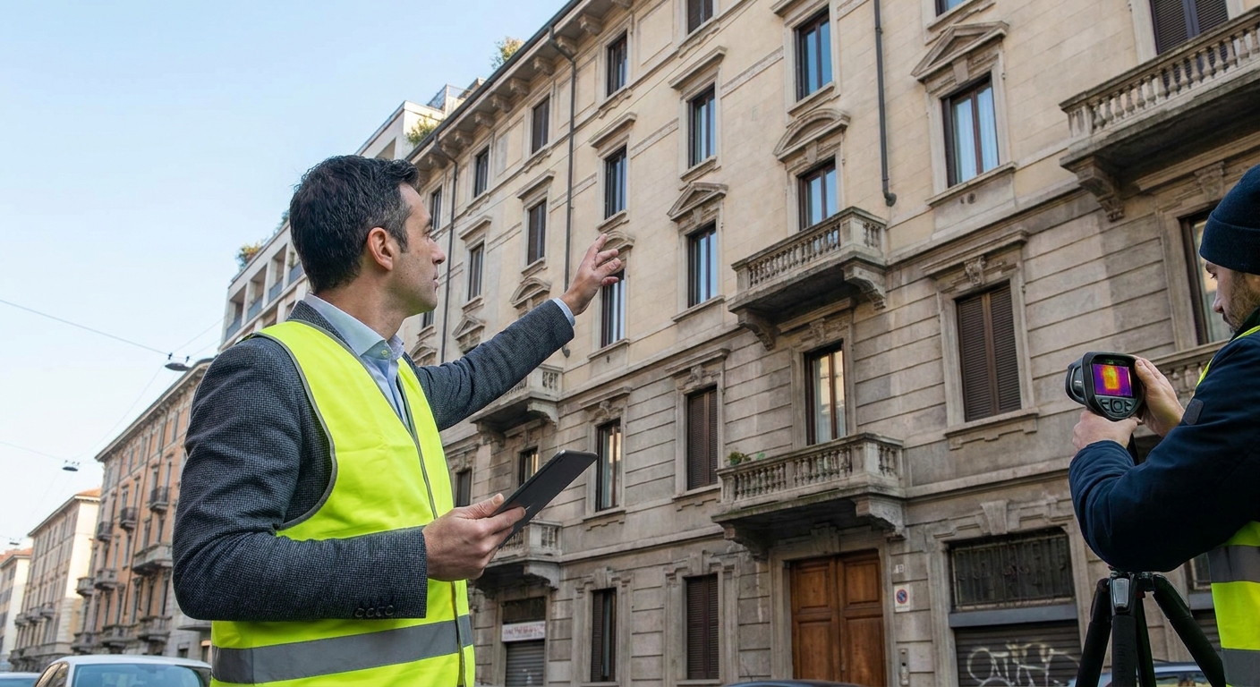 certified technician inspecting Milano apartment building facade
