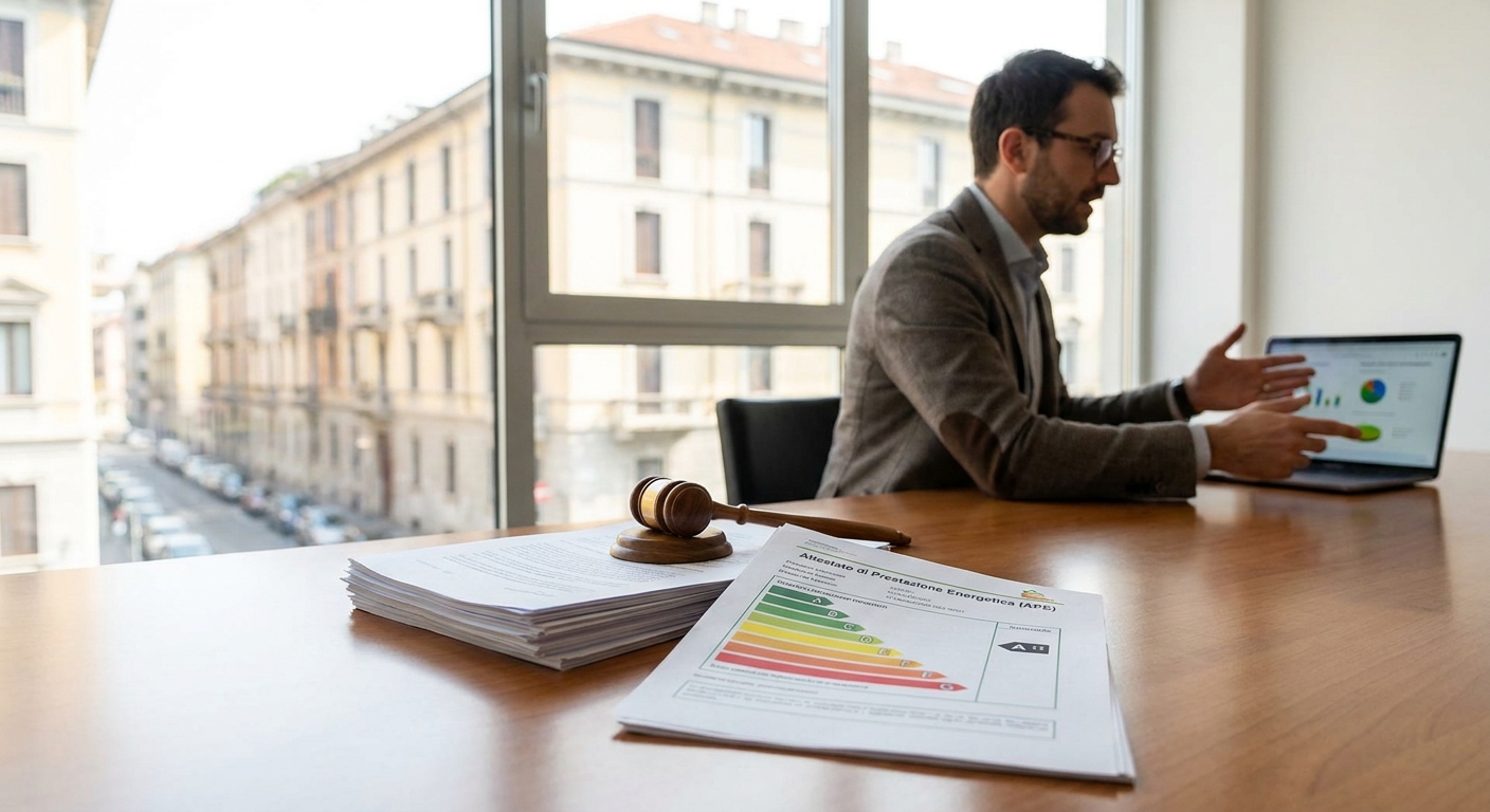 italian legal document with gavel and energy performance certificate APE