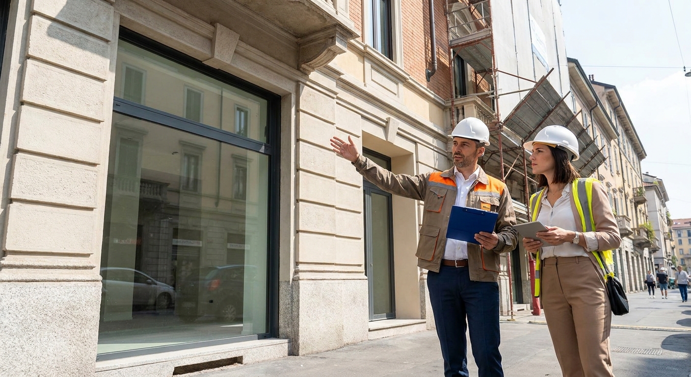 certified technician inspecting Milano apartment building facade