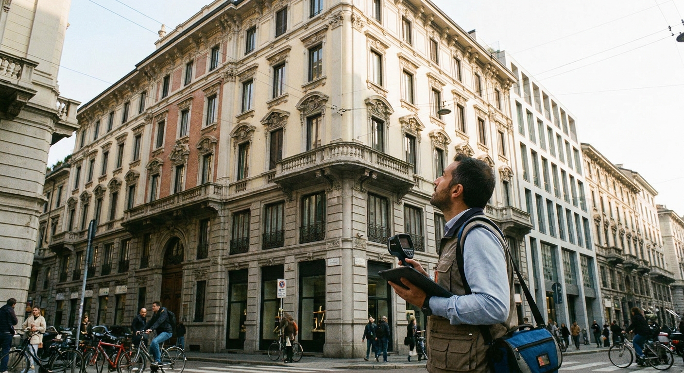 certified technician inspecting Milano apartment building facade