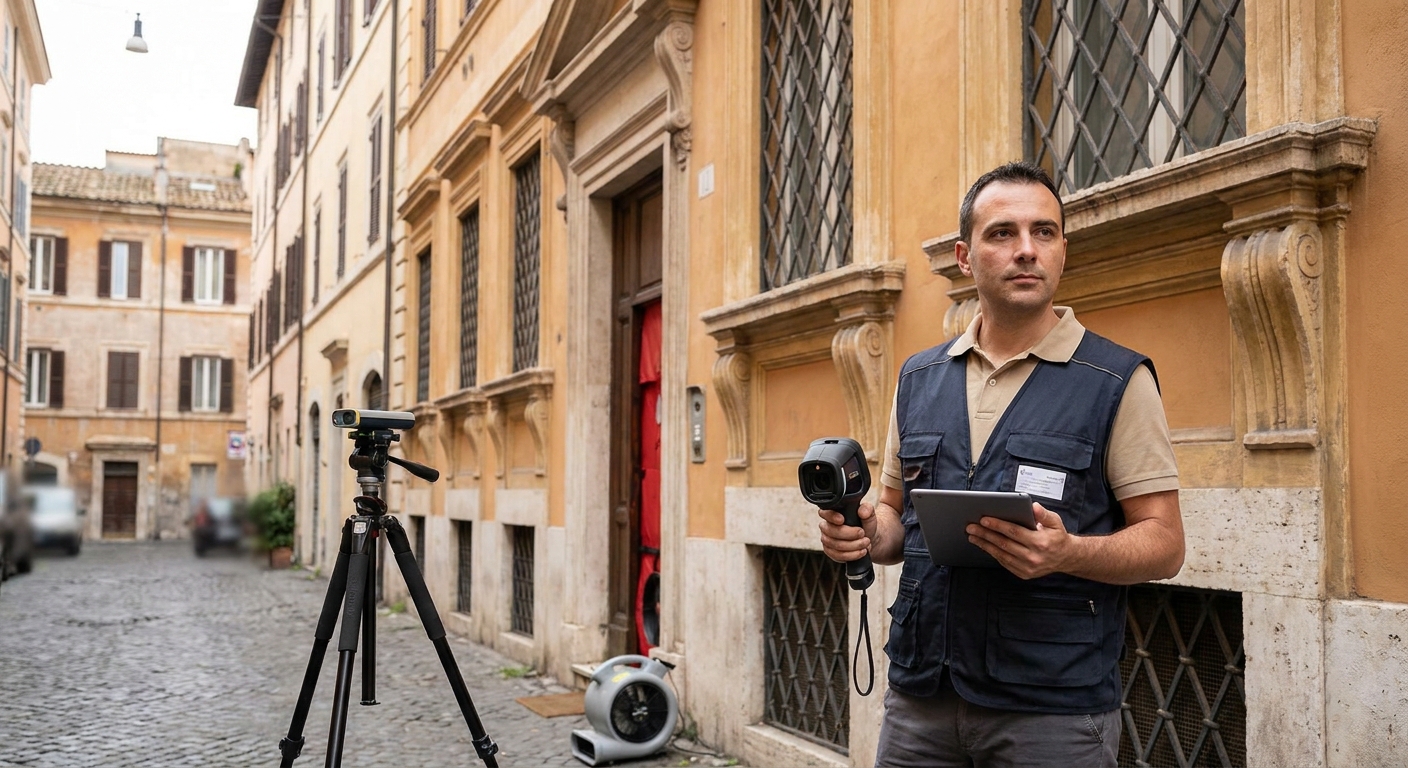 historical Roma palazzo with energy audit equipment