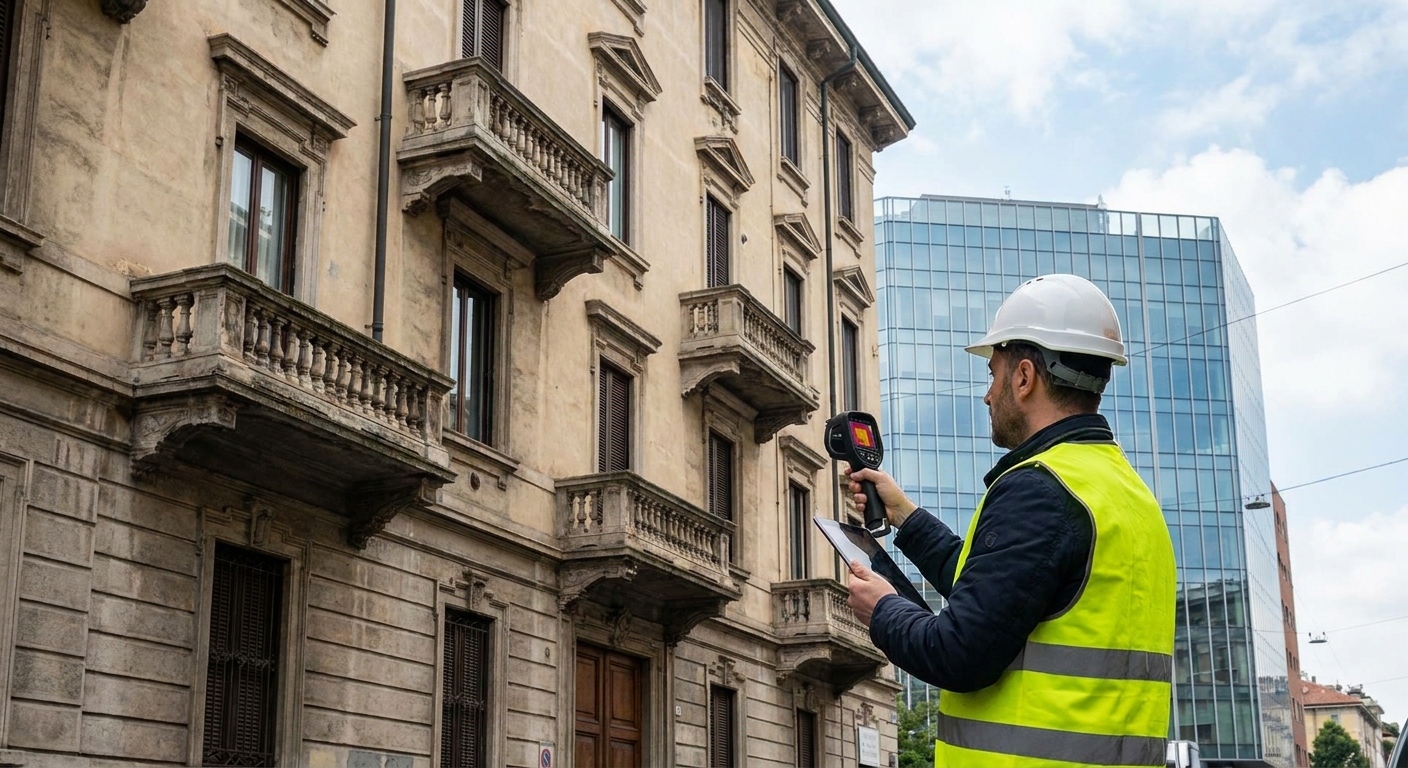 certified technician inspecting Milano apartment building facade
