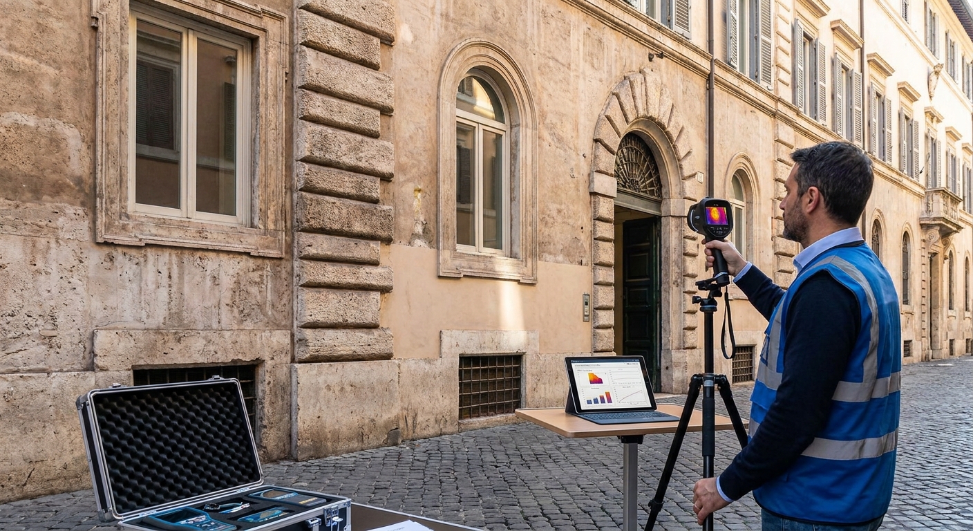 historical Roma palazzo with energy audit equipment
