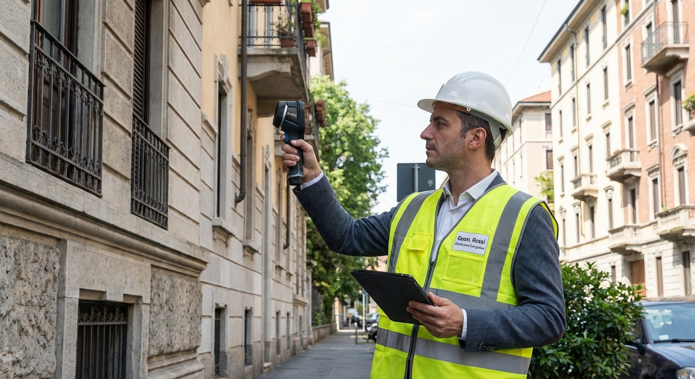 certified technician inspecting Milano apartment building facade
