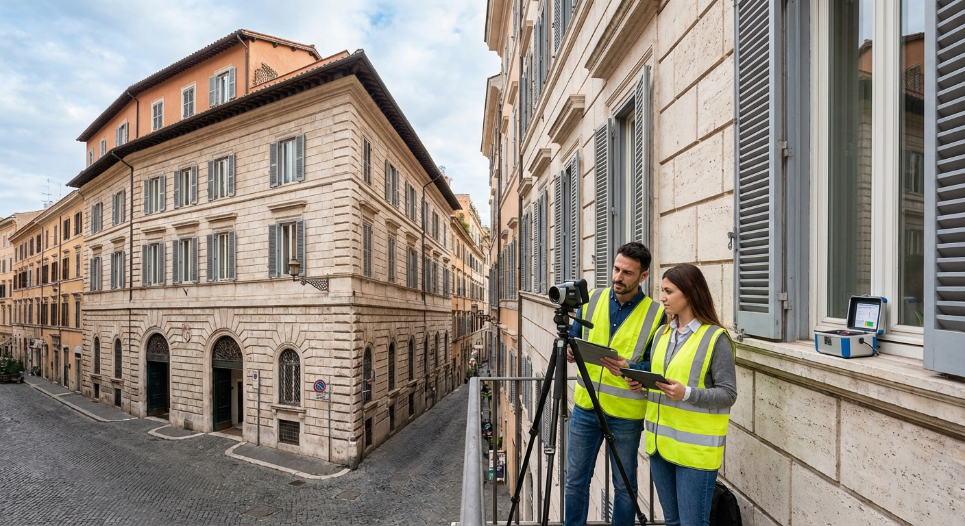 historical Roma palazzo with energy audit equipment